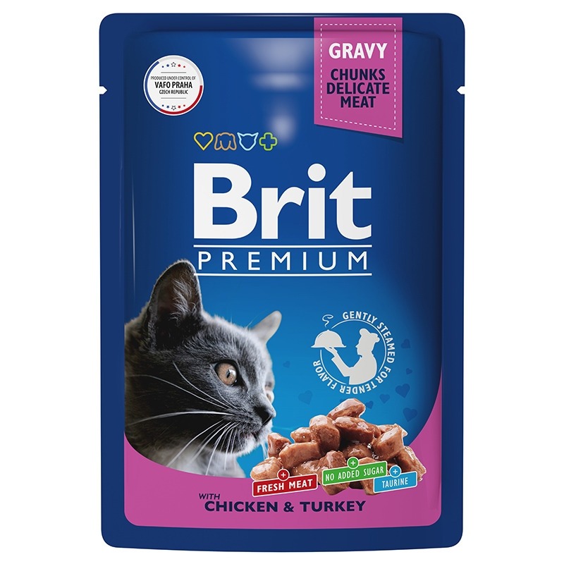 Brit Premium полнорационный влажный корм для кошек, с цыпленком и индейкой, кусочки в соусе, в паучах - 85 г влажный корм biomenu для кошек суфле с индейкой 100 г