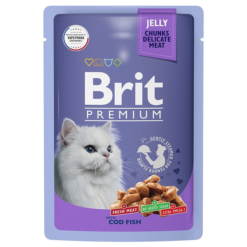 Brit Premium полнорационный влажный корм для кошек, с треской, кусочки в желе, в паучах - 85 г корм для кошек brit premium треска в желе пауч 85г