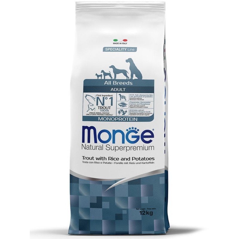 Monge Dog Speciality Line Monoprotein полнорационный сухой корм для собак, с форелью, рисом и картофелем monge dog maxi корм для взрослых собак крупных пород 12 кг