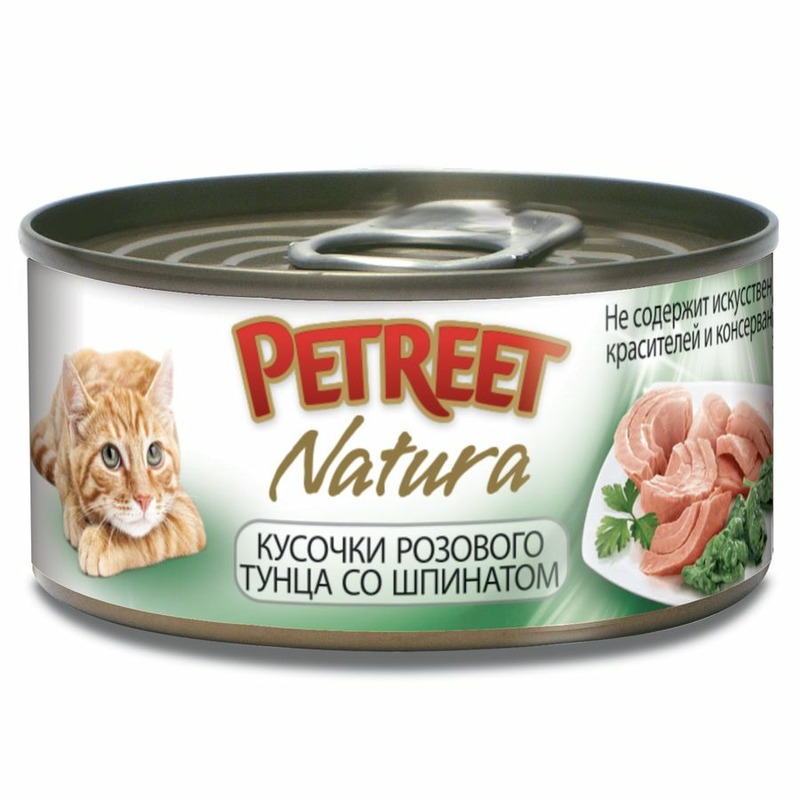 Petreet Natura влажный корм для кошек, с розовым тунцом и шпинатом, кусочки в бульоне, в консервах - 70 г schesir влажный корм для кошек с тунцом и манго кусочки в бульоне в консервах 75 г
