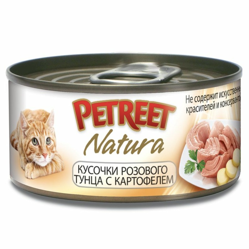 Petreet Natura влажный корм для кошек, с розовым тунцом и картофелем, кусочки в бульоне, в консервах - 70 г schesir влажный корм для кошек с тунцом и манго кусочки в бульоне в консервах 75 г