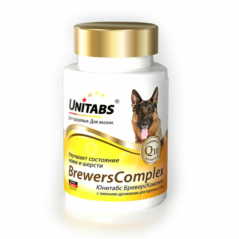 Unitabs BrewersComplex с Q10 для крупных собак 100 таб кормовая добавка с витаминами для крупных собак unitabs бреверскомплекс с пивными дрожжами и коэнзимом q10 200 таб