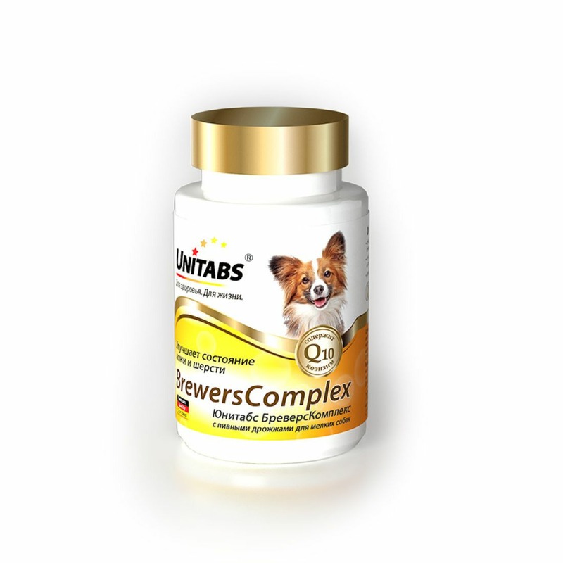 Unitabs BrewersComplex с Q10 для мелких собак 100 таб кормовая добавка с витаминами для крупных собак unitabs бреверскомплекс с пивными дрожжами и коэнзимом q10 200 таб