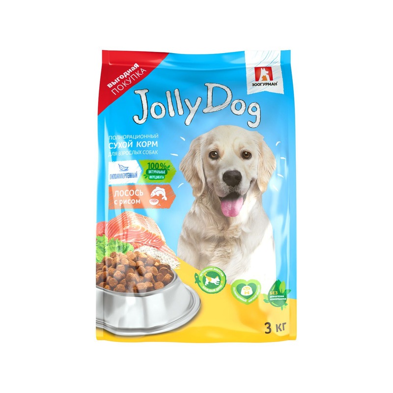 Зоогурман Jolly Dog полнорационный сухой корм для собак, с лососем и рисом - 3 кг зоогурман jolly dog полнорационный сухой корм для собак с говядиной 13 кг